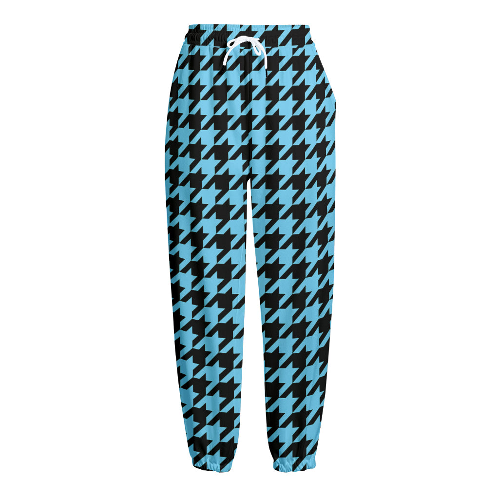 Blue And Black Houndstooth Pattern Print Fleece Lined Knit Pants