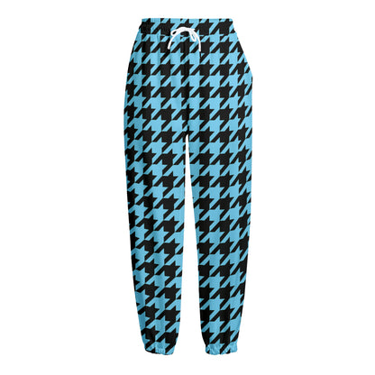 Blue And Black Houndstooth Pattern Print Fleece Lined Knit Pants