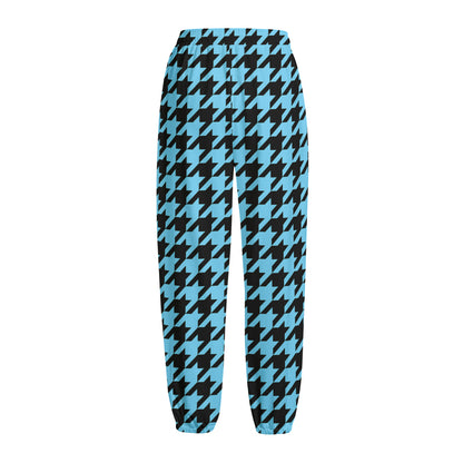 Blue And Black Houndstooth Pattern Print Fleece Lined Knit Pants
