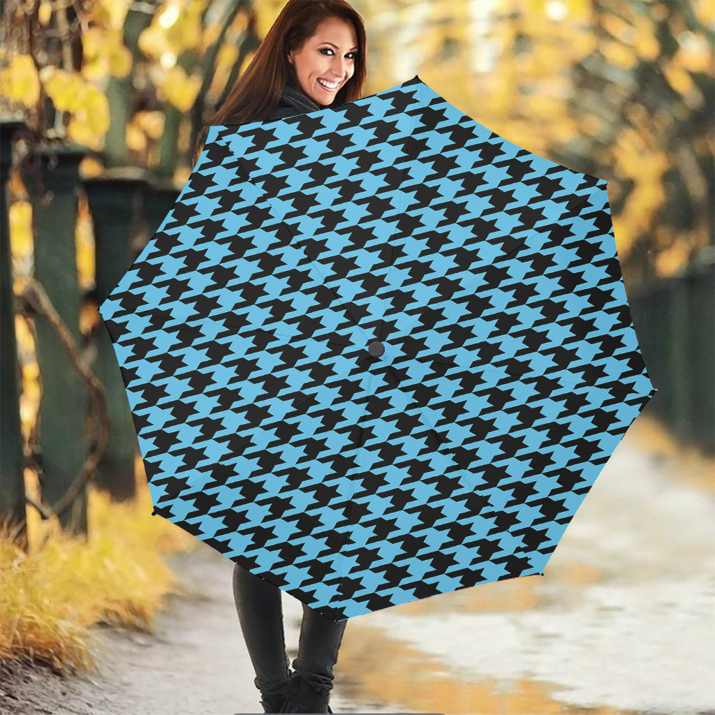 Blue And Black Houndstooth Pattern Print Foldable Umbrella