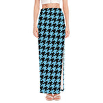Blue And Black Houndstooth Pattern Print High Slit Maxi Skirt