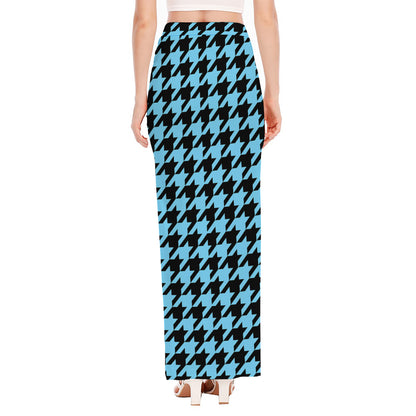 Blue And Black Houndstooth Pattern Print High Slit Maxi Skirt