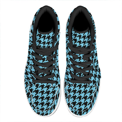 Blue And Black Houndstooth Pattern Print High Top Leather Sneakers