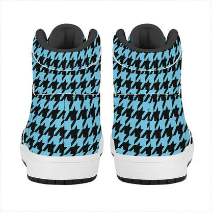 Blue And Black Houndstooth Pattern Print High Top Leather Sneakers