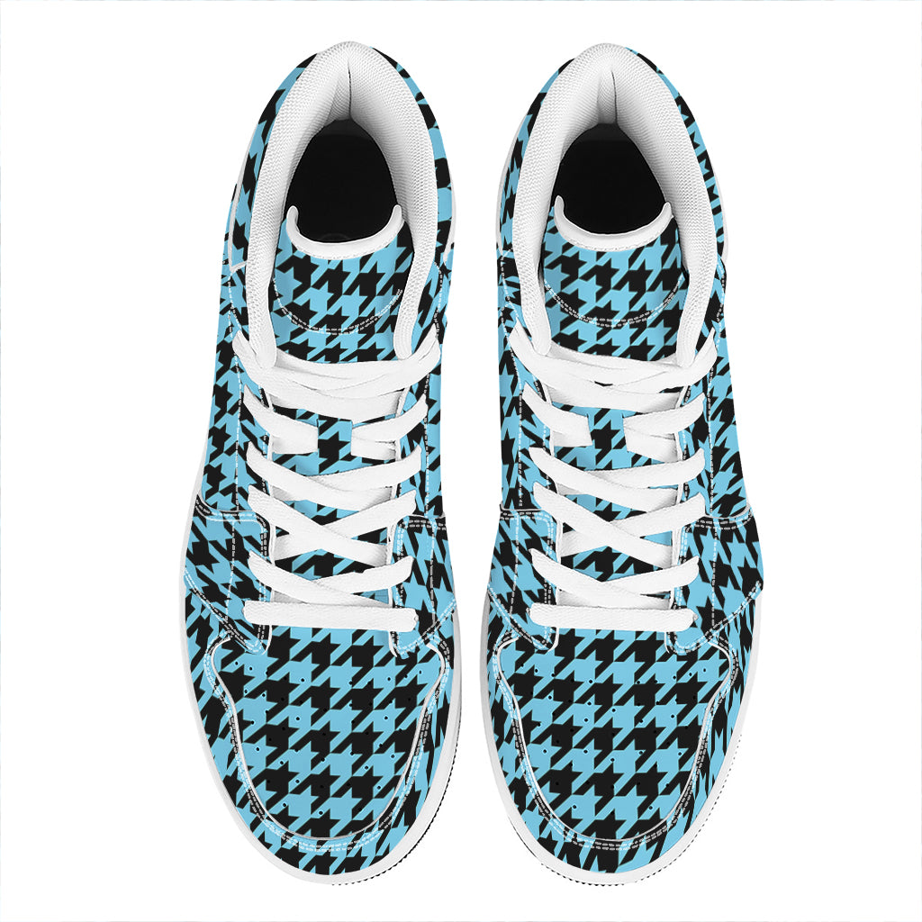 Blue And Black Houndstooth Pattern Print High Top Leather Sneakers