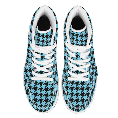 Blue And Black Houndstooth Pattern Print High Top Leather Sneakers