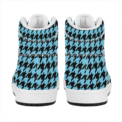 Blue And Black Houndstooth Pattern Print High Top Leather Sneakers