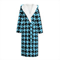 Blue And Black Houndstooth Pattern Print Hooded Bathrobe