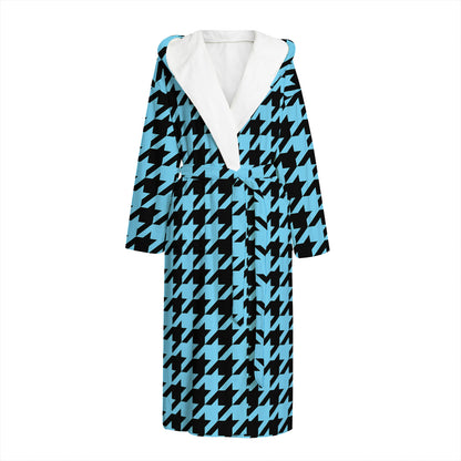 Blue And Black Houndstooth Pattern Print Hooded Bathrobe