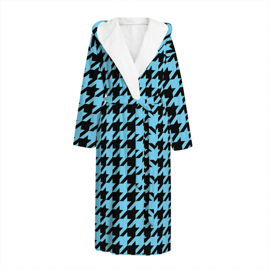 Blue And Black Houndstooth Pattern Print Hooded Bathrobe