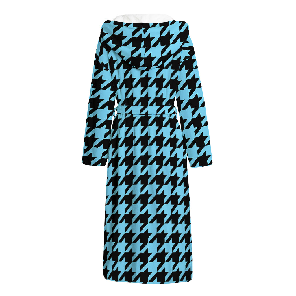 Blue And Black Houndstooth Pattern Print Hooded Bathrobe