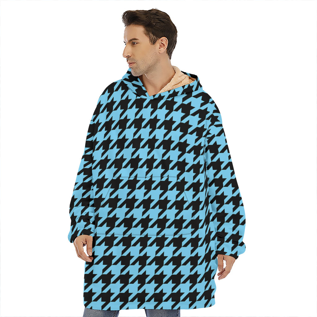 Blue And Black Houndstooth Pattern Print Hoodie Blanket