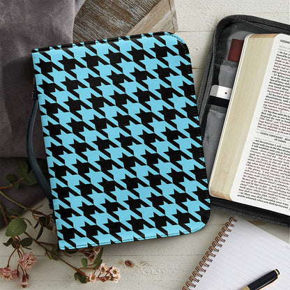 Blue And Black Houndstooth Pattern Print Leather Bible Cover