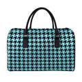 Blue And Black Houndstooth Pattern Print Leather Duffel Bag