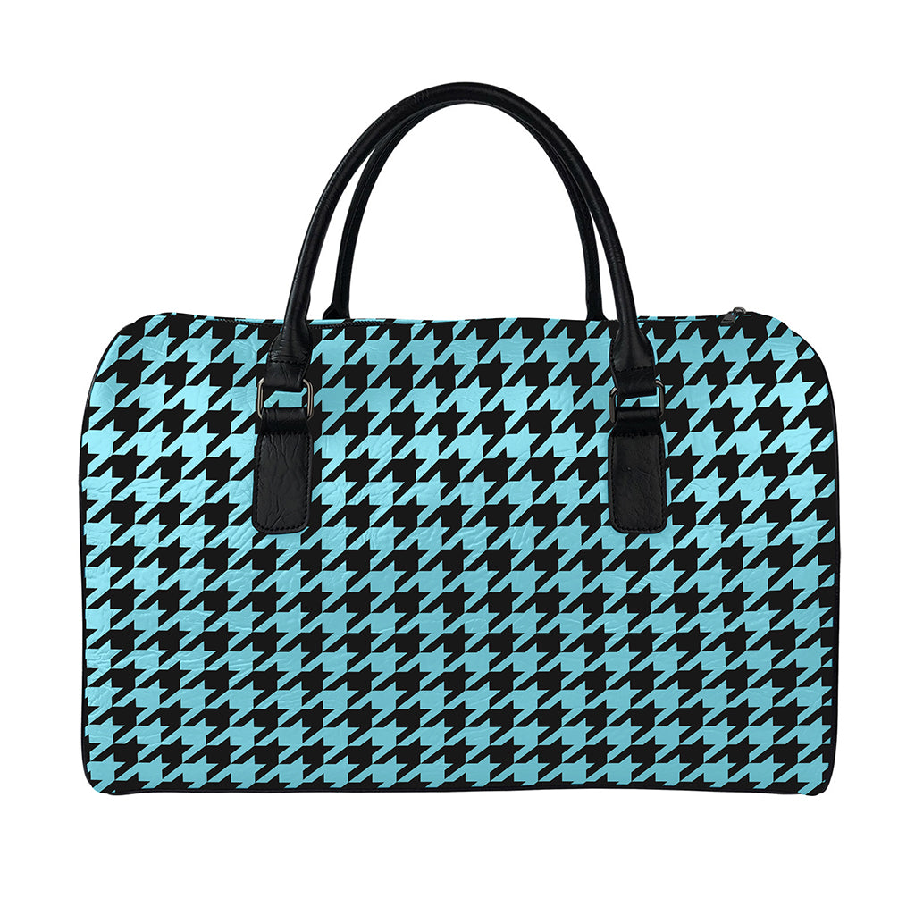 Blue And Black Houndstooth Pattern Print Leather Duffle Bag