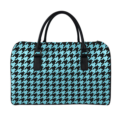 Blue And Black Houndstooth Pattern Print Leather Duffle Bag