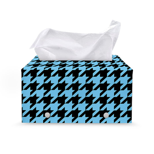 Blue And Black Houndstooth Pattern Print Leather Tissue Box Cover