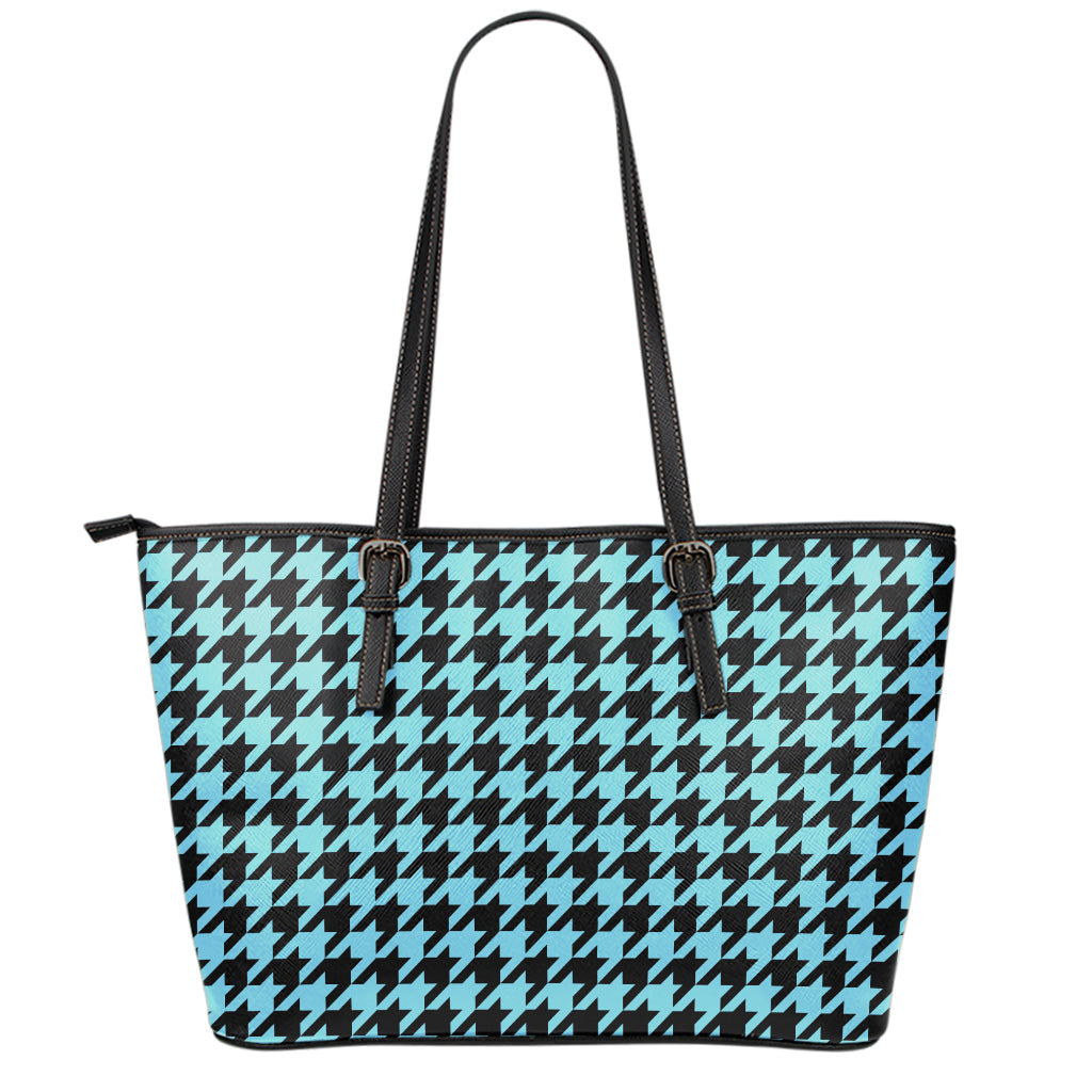 Blue And Black Houndstooth Pattern Print Leather Tote Bag