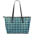 Blue And Black Houndstooth Pattern Print Leather Tote Bag With Zipper