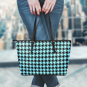 Blue And Black Houndstooth Pattern Print Leather Tote Bag