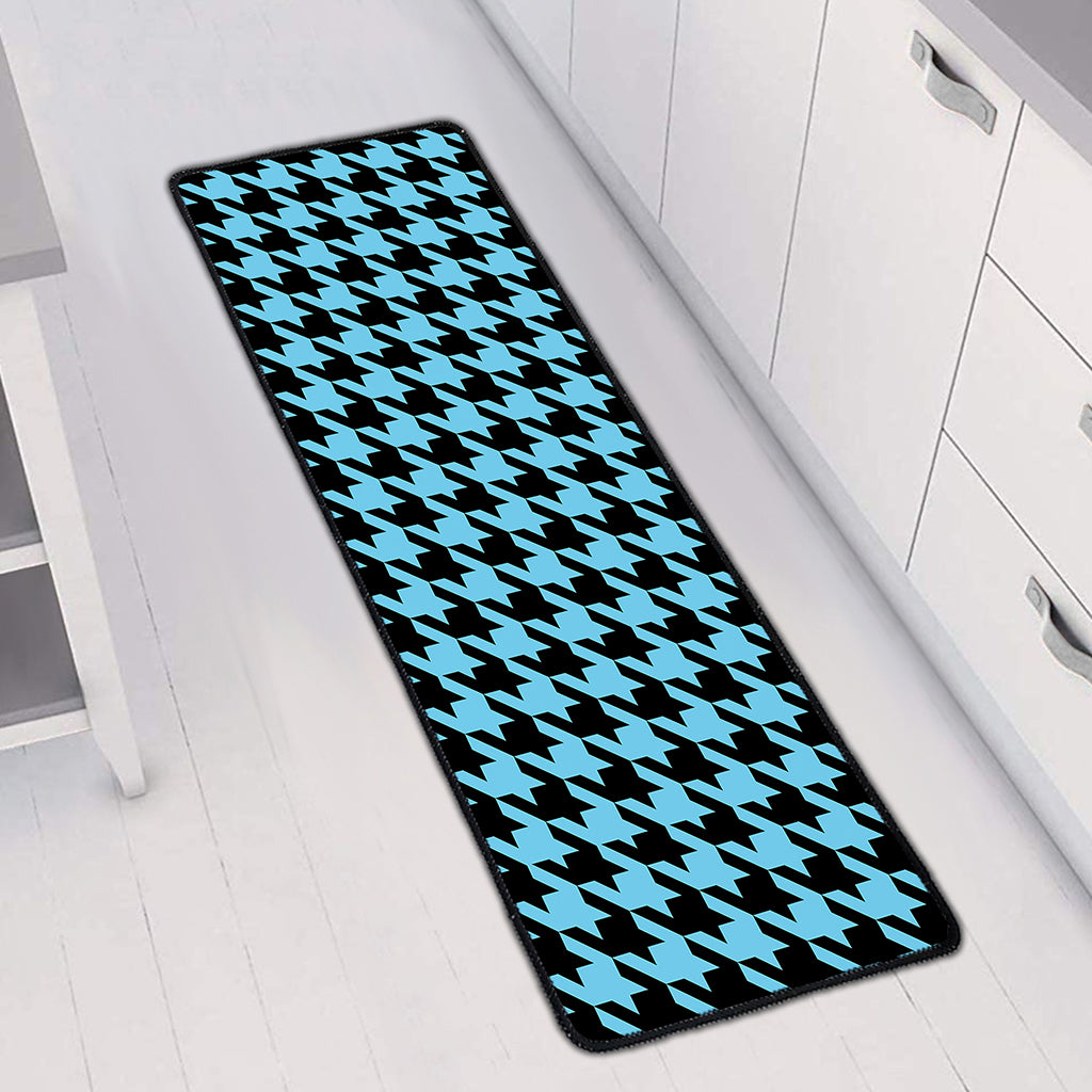 Blue And Black Houndstooth Pattern Print Long Kitchen Mat