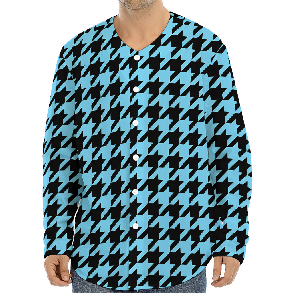 Blue And Black Houndstooth Pattern Print Long Sleeve Baseball Jersey