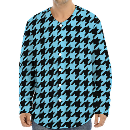 Blue And Black Houndstooth Pattern Print Long Sleeve Baseball Jersey