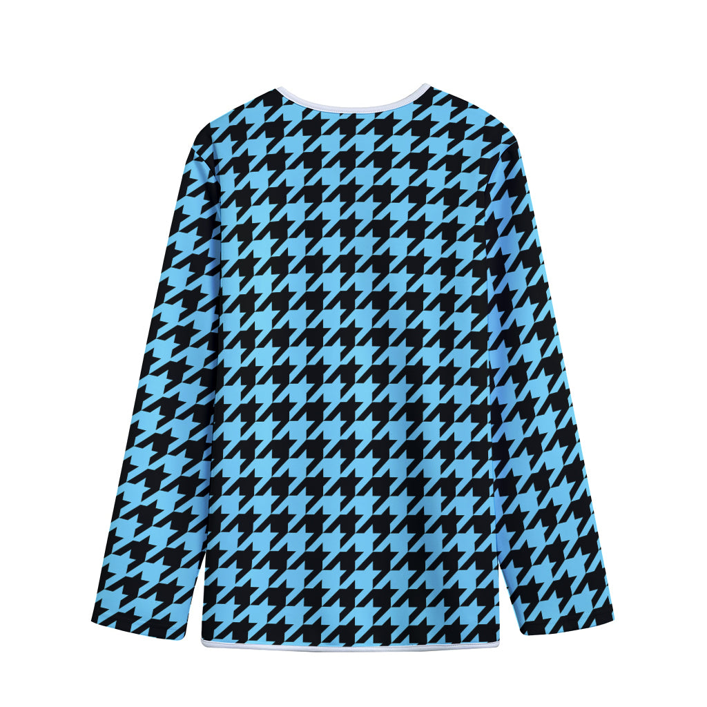 Blue And Black Houndstooth Pattern Print Long Sleeve Short Coat