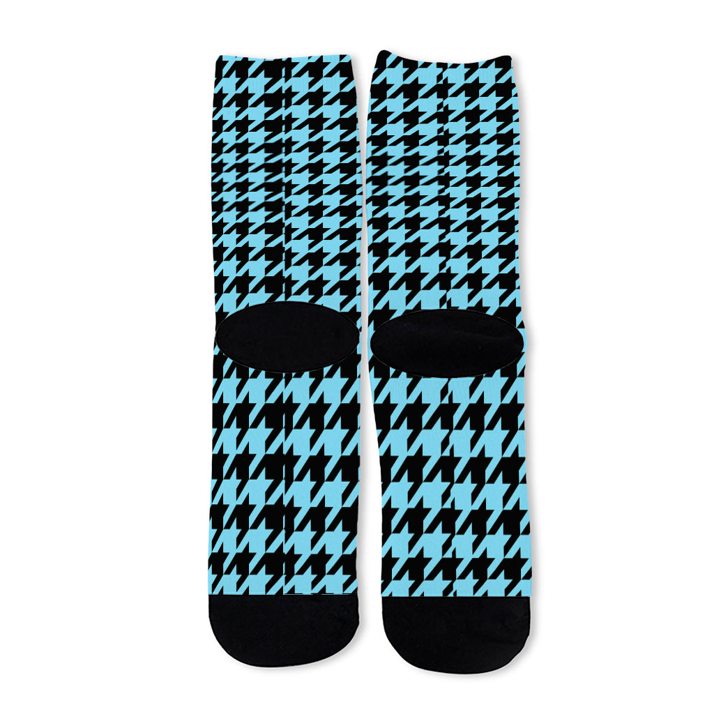 Blue And Black Houndstooth Pattern Print Long Socks