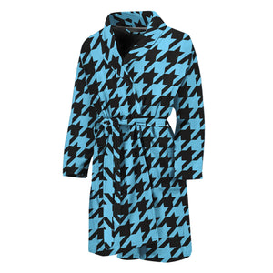 Blue And Black Houndstooth Pattern Print Men's Bathrobe