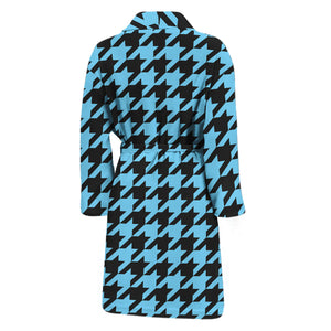 Blue And Black Houndstooth Pattern Print Men's Bathrobe