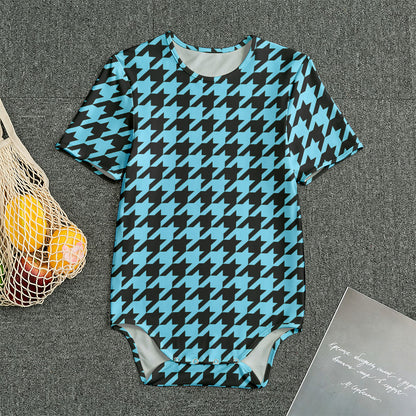 Blue And Black Houndstooth Pattern Print Men's Bodysuit