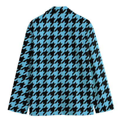 Blue And Black Houndstooth Pattern Print Men's Cotton Blazer