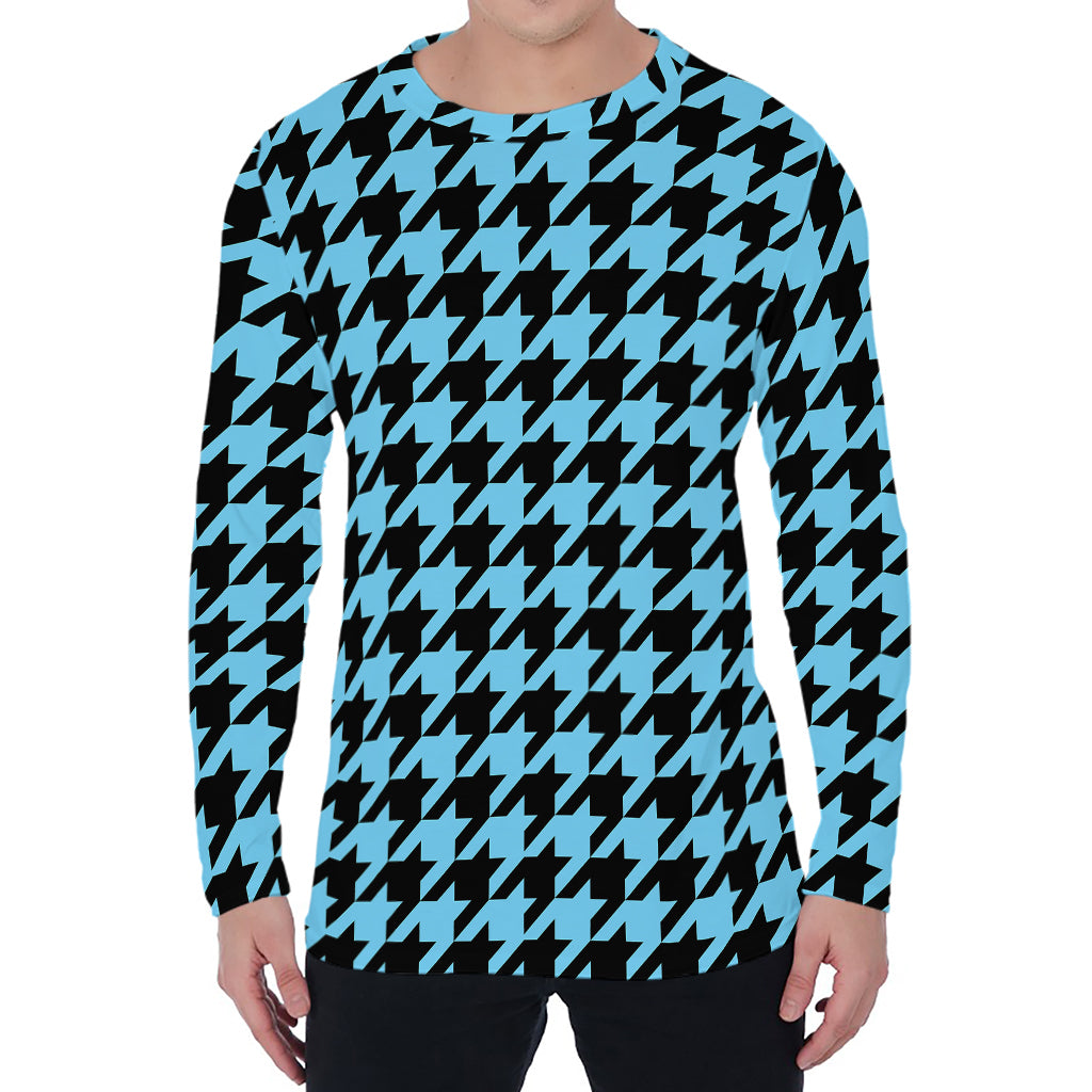 Blue And Black Houndstooth Pattern Print Men's Long Sleeve T-Shirt