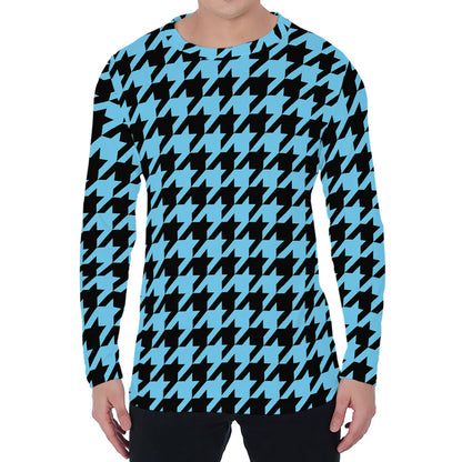 Blue And Black Houndstooth Pattern Print Men's Long Sleeve T-Shirt