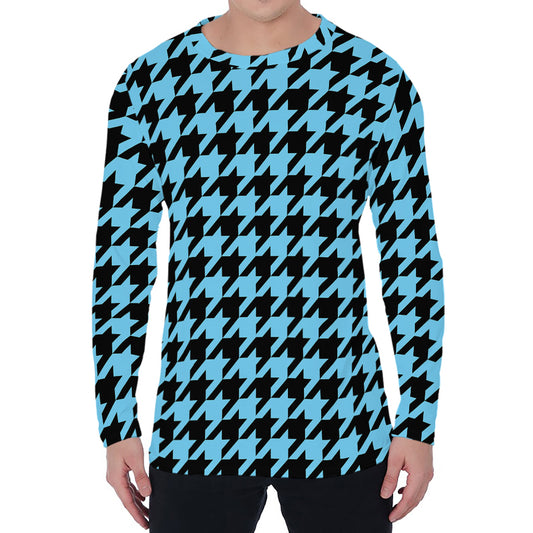 Blue And Black Houndstooth Pattern Print Men's Long Sleeve T-Shirt