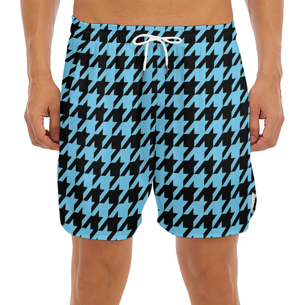 Blue And Black Houndstooth Pattern Print Men's Split Running Shorts