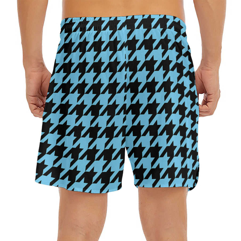 Blue And Black Houndstooth Pattern Print Men's Split Running Shorts