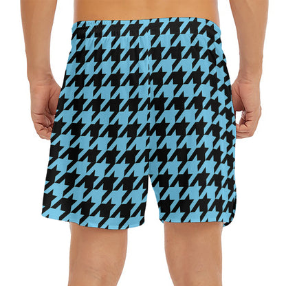 Blue And Black Houndstooth Pattern Print Men's Split Running Shorts