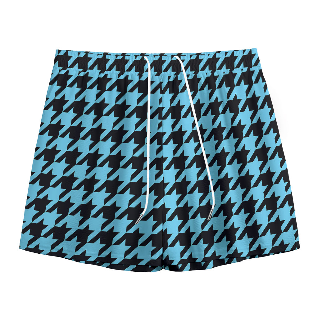 Blue And Black Houndstooth Pattern Print Mesh Shorts