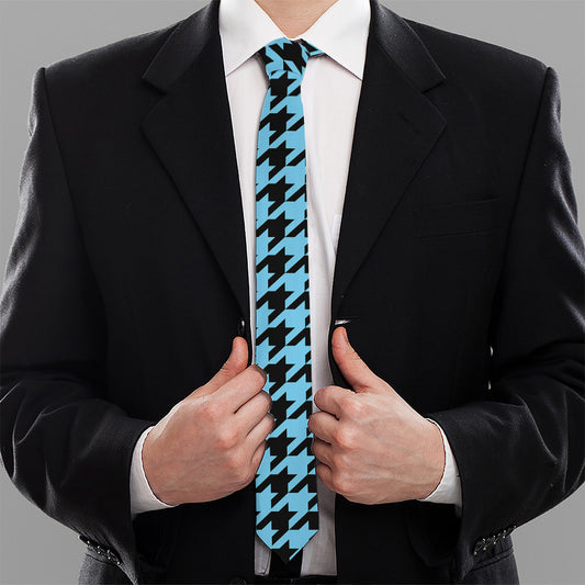 Blue And Black Houndstooth Pattern Print Necktie