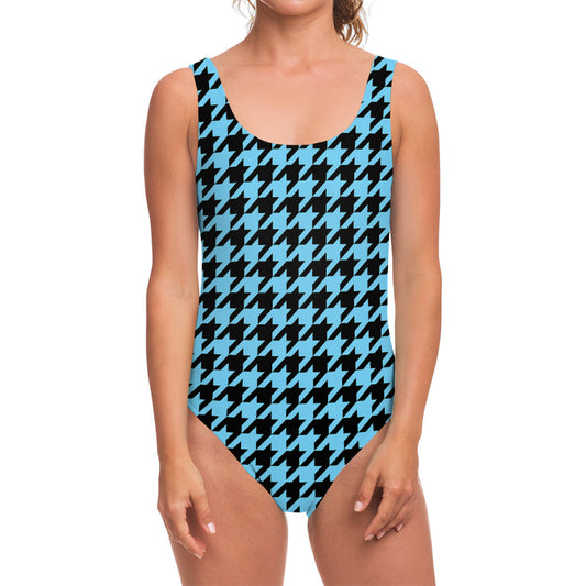 Blue And Black Houndstooth Pattern Print One Piece Swimsuit