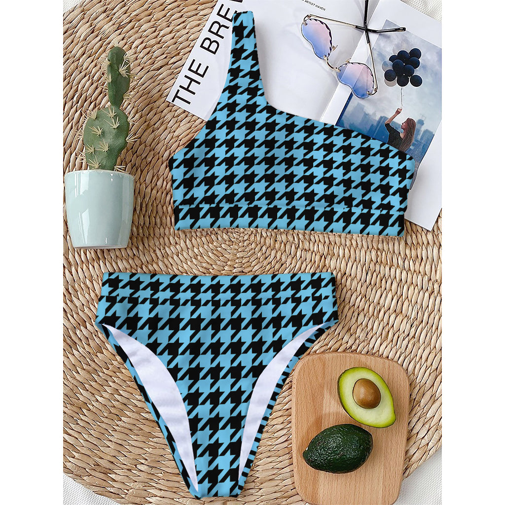 Blue And Black Houndstooth Pattern Print One Shoulder Bikini Top