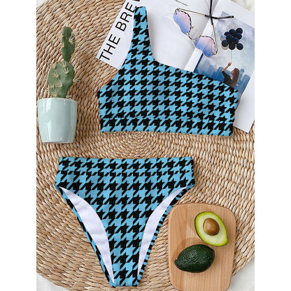 Blue And Black Houndstooth Pattern Print One Shoulder Bikini Top