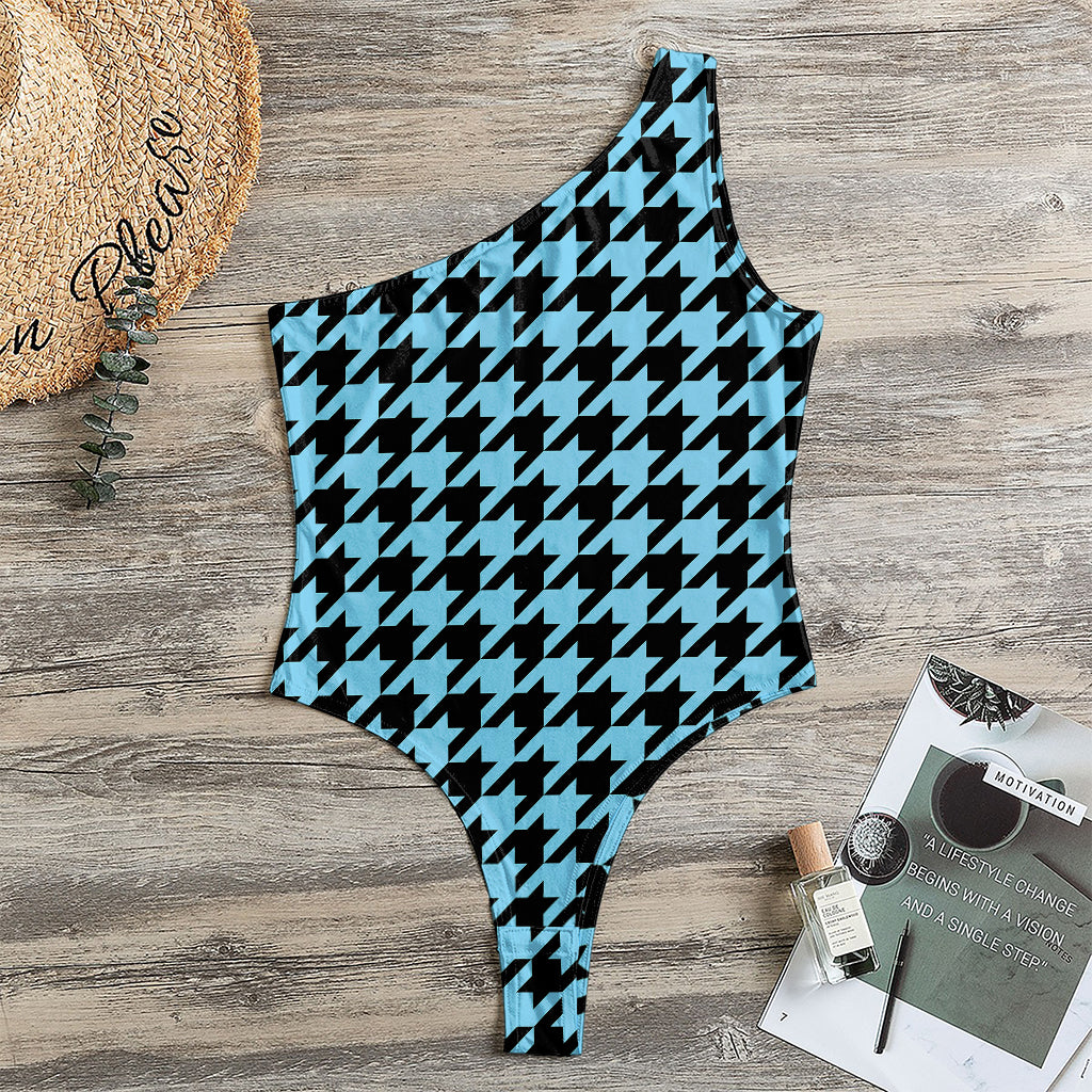 Blue And Black Houndstooth Pattern Print One Shoulder Bodysuit