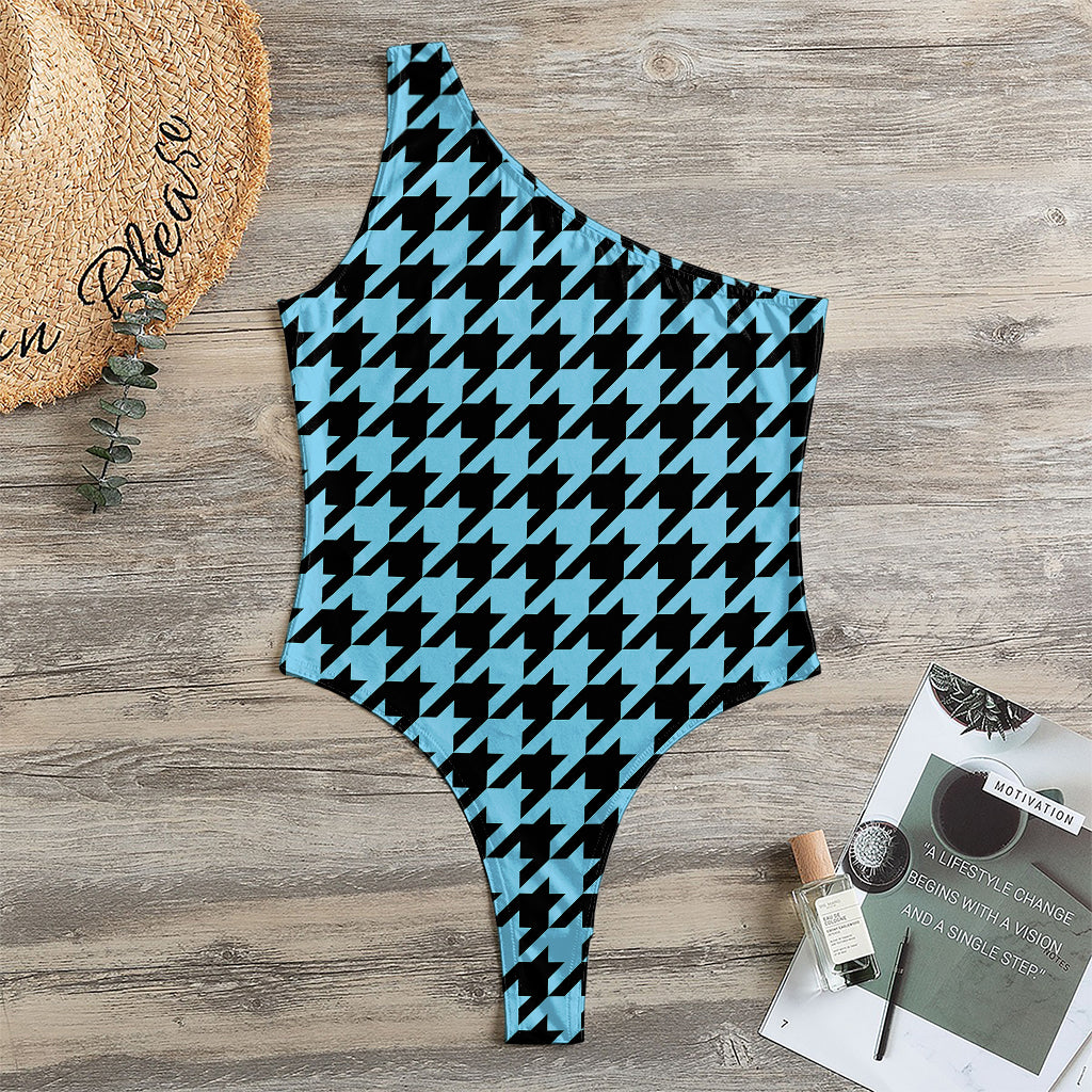 Blue And Black Houndstooth Pattern Print One Shoulder Bodysuit