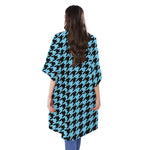 Blue And Black Houndstooth Pattern Print Open Front Beach Cover Up
