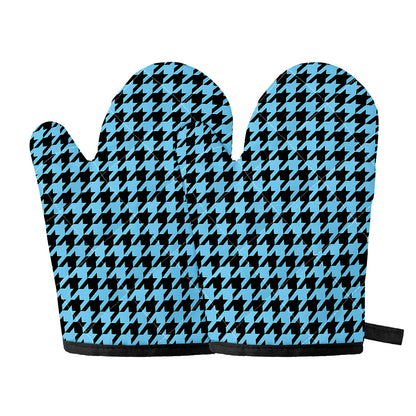 Blue And Black Houndstooth Pattern Print Oven Mitts