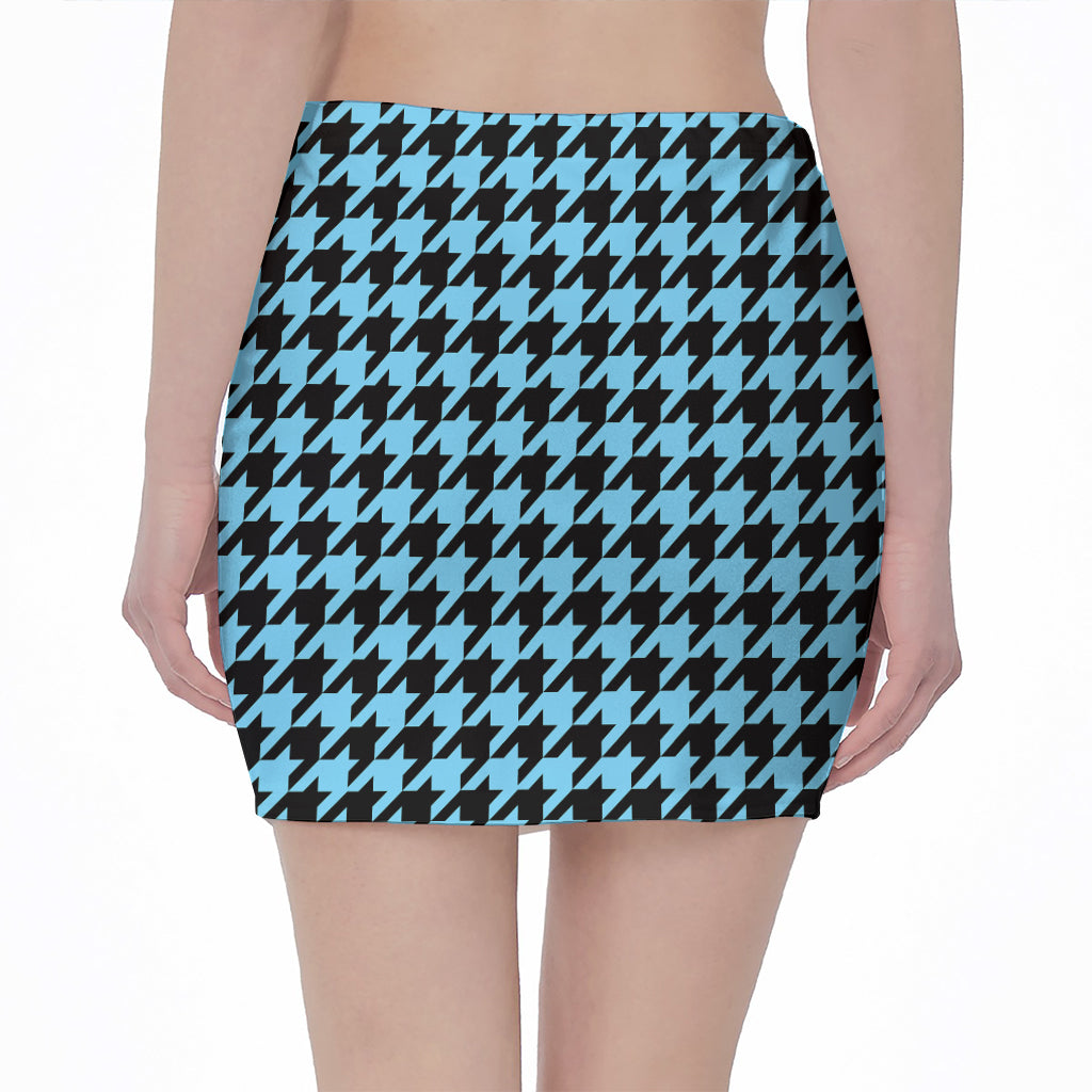 Blue And Black Houndstooth Pattern Print Pencil Mini Skirt