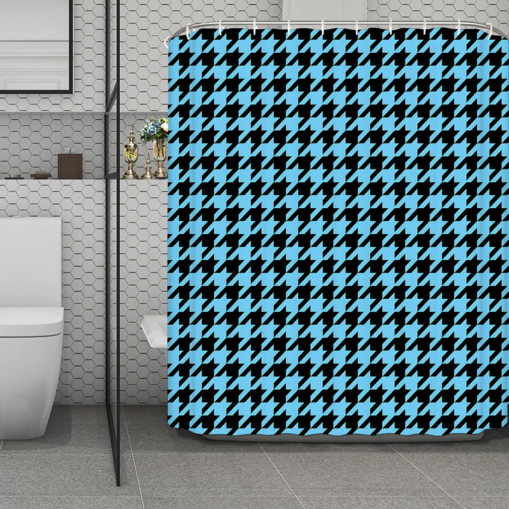 Blue And Black Houndstooth Pattern Print Polyester Shower Curtain